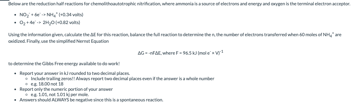 both please will rate Below are the reduction half reactions for chemolithoautotrophic