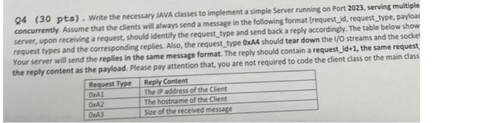  Q4(30 pts). Write the necessary JAVA classes to implement a simple