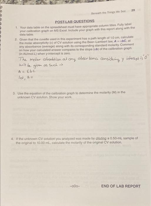 Your Unknown No.: UV-vis ABSORBANCE DATA @ 590 nm Volume (mL) of