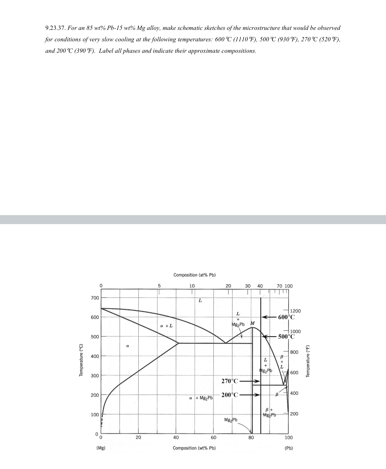  9.23.37. For an 85wt%Pb-15wt% Mg alloy, make schematic sketches of the