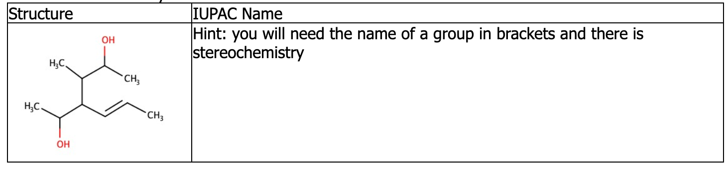 and R/S designation) H2C CH3 CH3 OH Structure IUPAC Name Hint: you