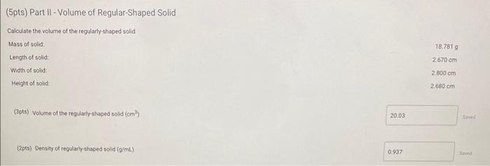 Part II and the average density for the irregular shaped solid in