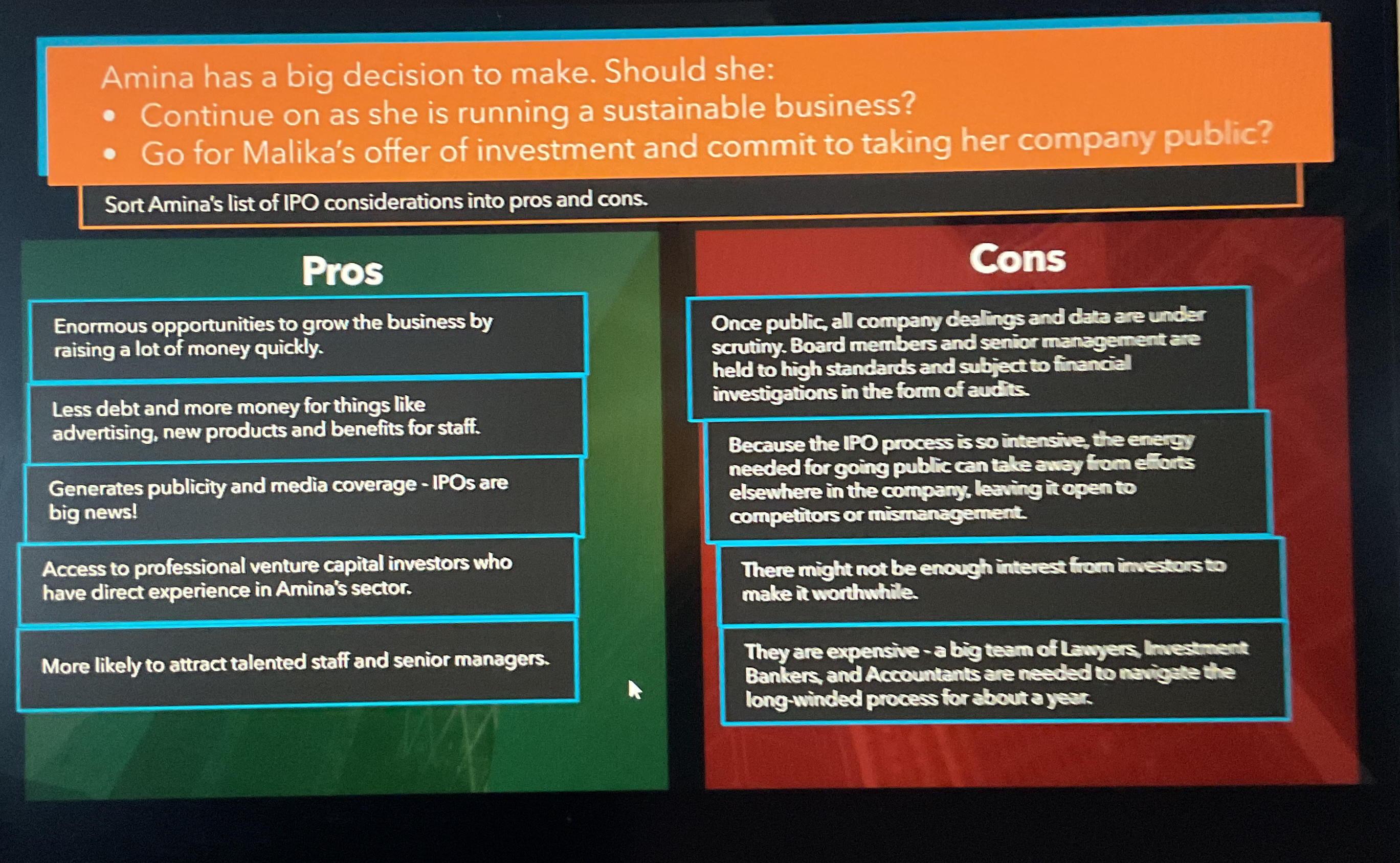  Amina has a big decision to make. Should she: Continue on