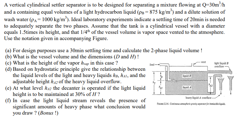 A vertical cylindrical settler separator is to be designed for separating