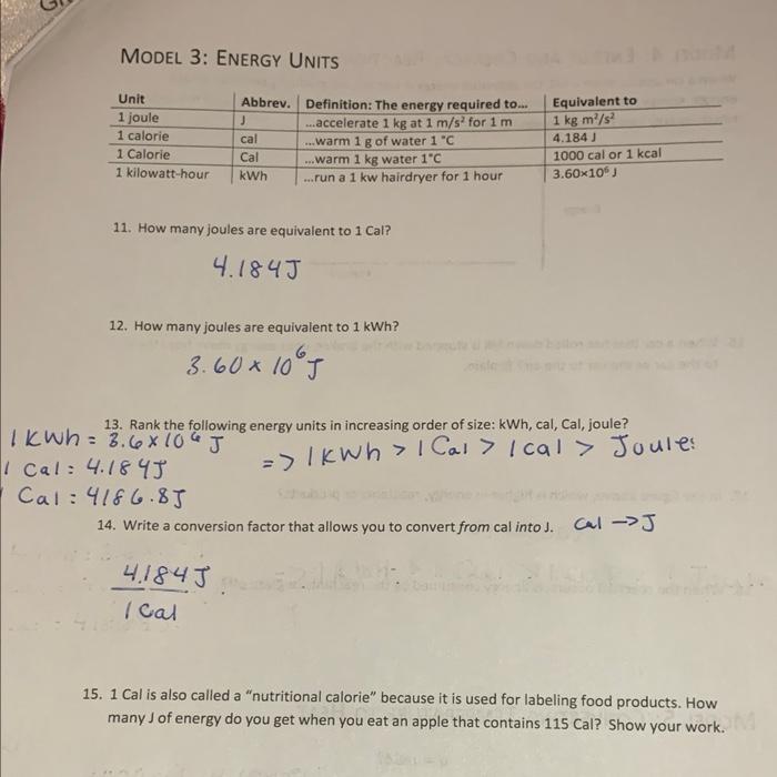 i need help woth 14 and 15. thank you! MODEL 3: ENERGY