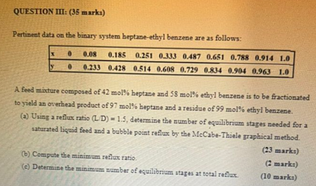  QUESTION III: (35 marka) Pertinent data on the binary system heptane-ethyl