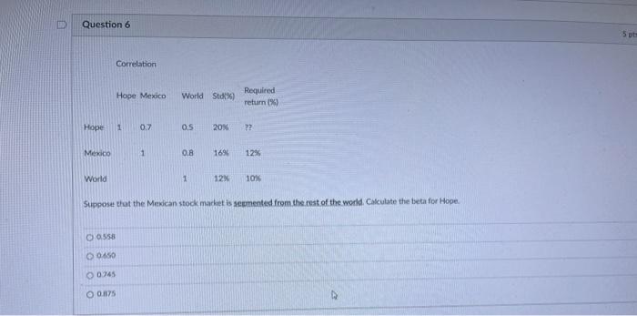  Question 6 5 pt Correlation Hape Mexico World St Required return
