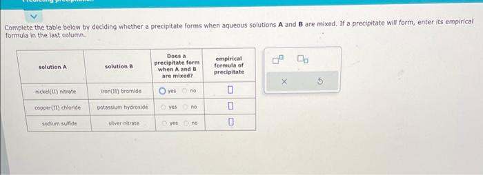 please show work Complete the table below by deciding whether a precipitate