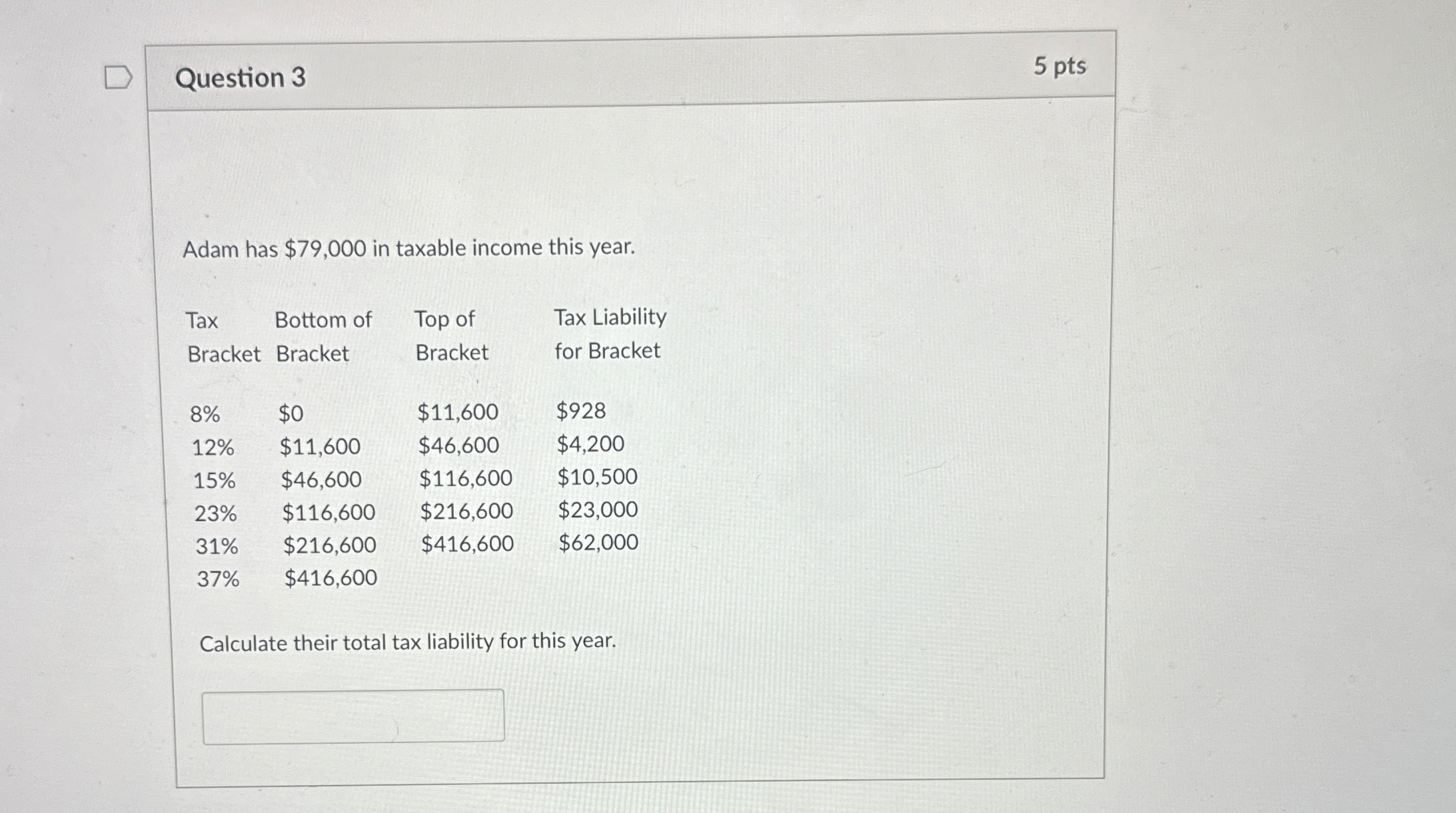  Question 3 5 pts Adam has $79,000 in taxable income this