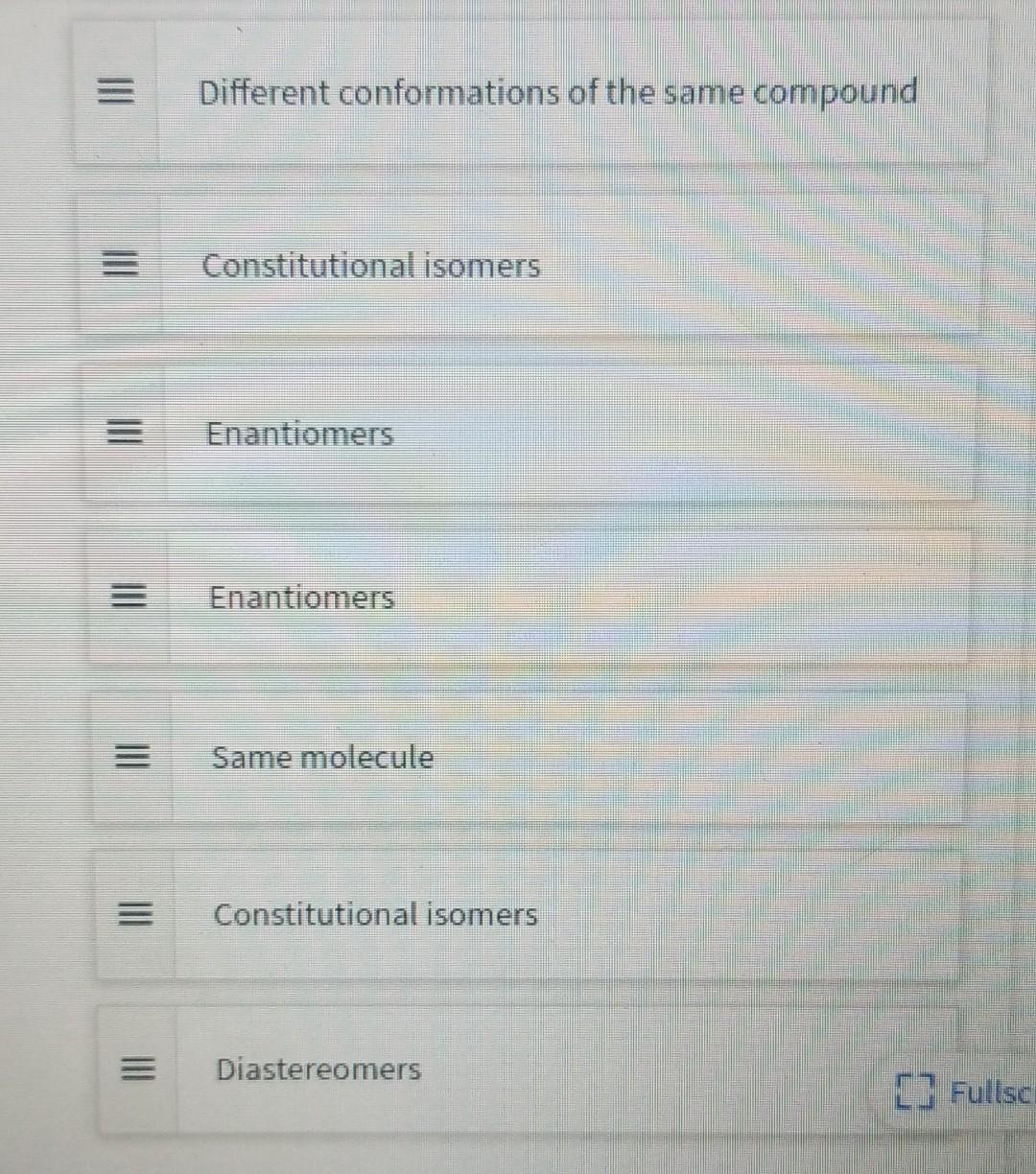 of the same compound = Constitutional isomers Enantiomers Enantiomers = Same molecule