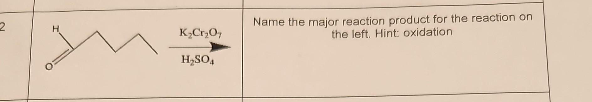 Hint: oxidation H2SO4K2Cr2O7 Name the major reaction product for the reaction on