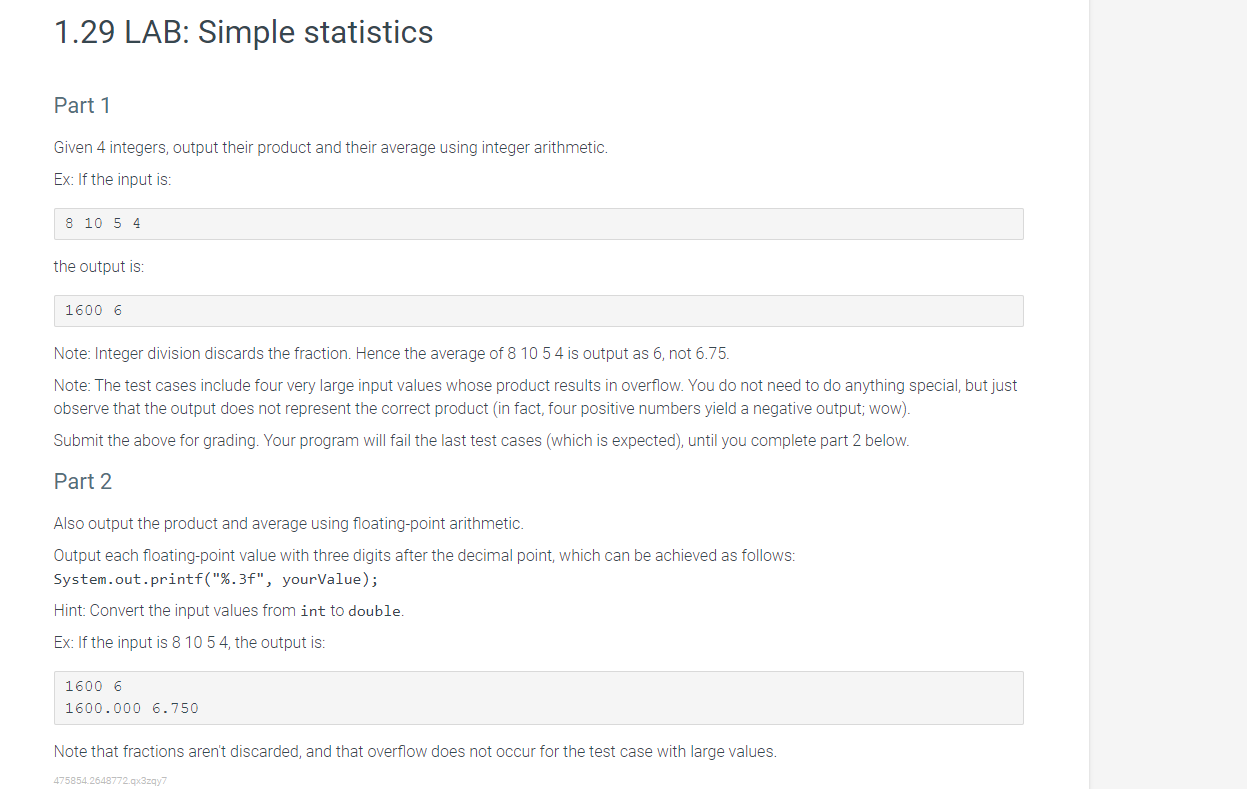  1.29 LAB: Simple statistics Part 1 Given 4 integers, output their