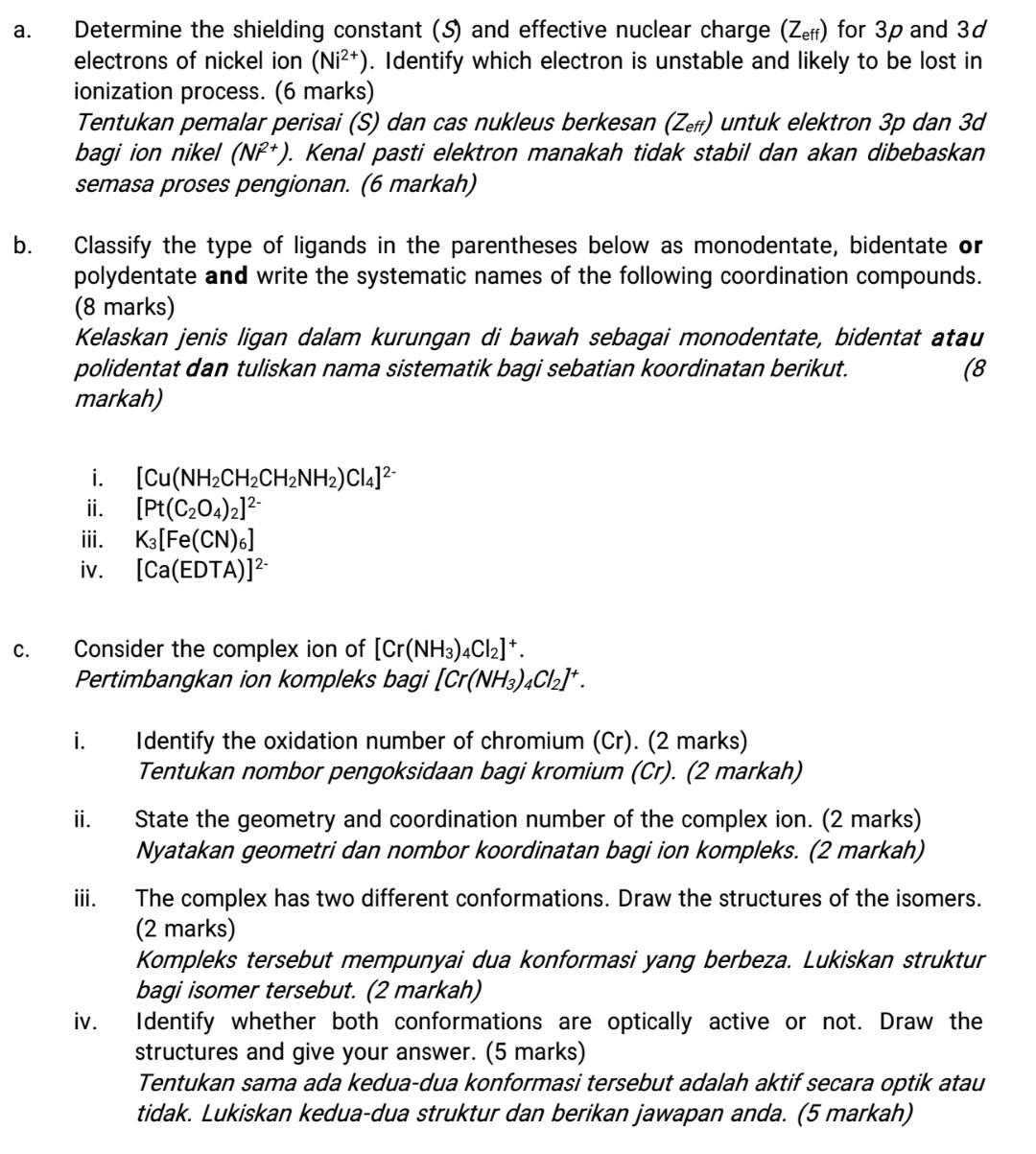  a. Determine the shielding constant (9) and effective nuclear charge (Zeff)