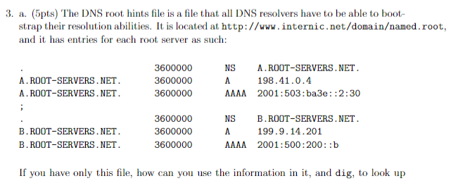  3. a. (5pts) The DNS root hints file is a file