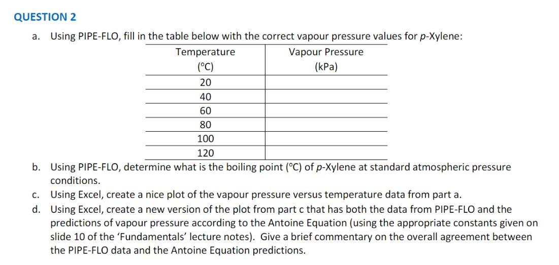  QUESTION 2 a. Using PIPE-FLO, fill in the table below with