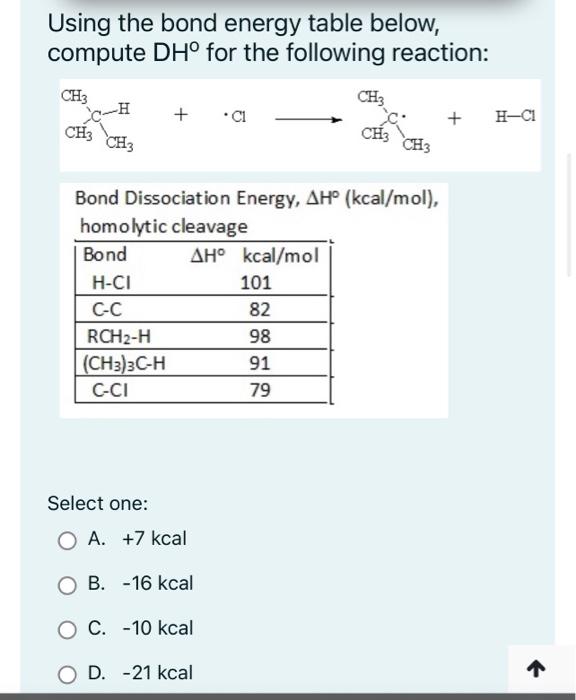  Using the bond energy table below, compute DH for the following