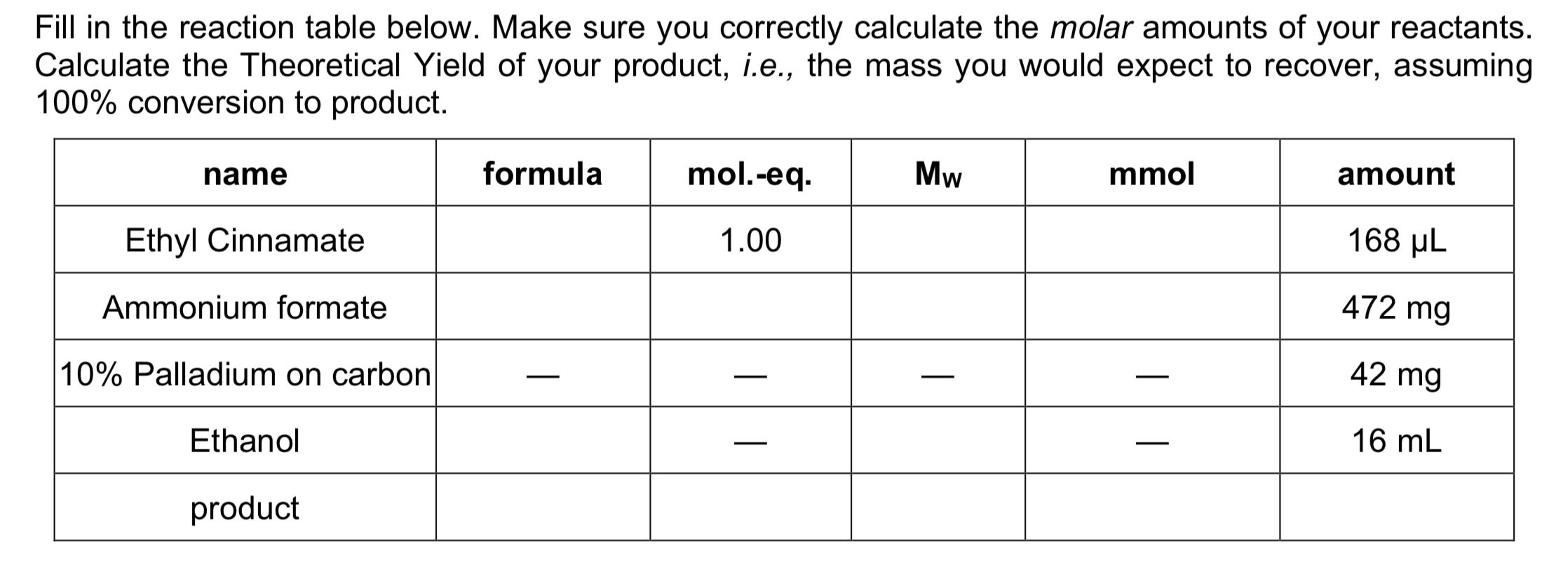  Fill in the reaction table below. Make sure you correctly calculate
