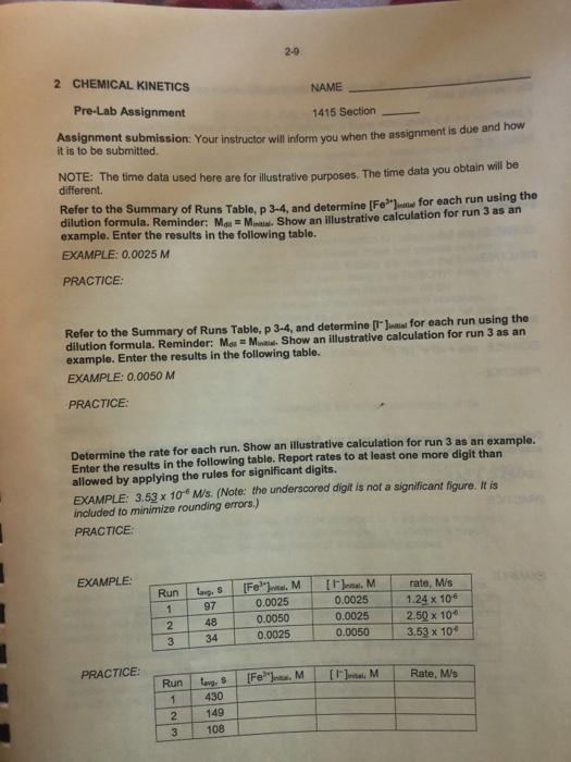  2-9 2 CHEMICAL KINETICS NAME Pre-Lab Assignment 1415 Section Assignment submission: