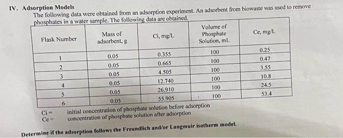 Please answer and show the easiest solutions. Thanks. Adsorption Models The following