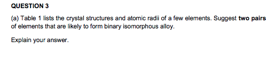  QUESTION 3 (a) Table 1 lists the crystal structures and atomic
