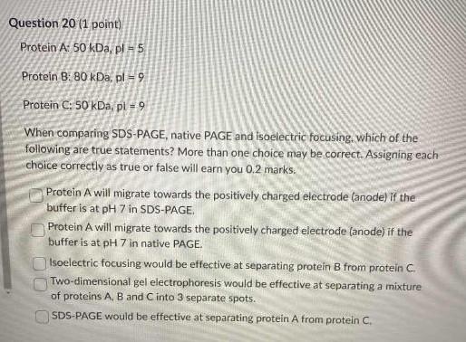 Protein B: 80kDa,pl=9 Protein C: 50kDa,pl=9 When comparing SDS-PAGE, native PAGE