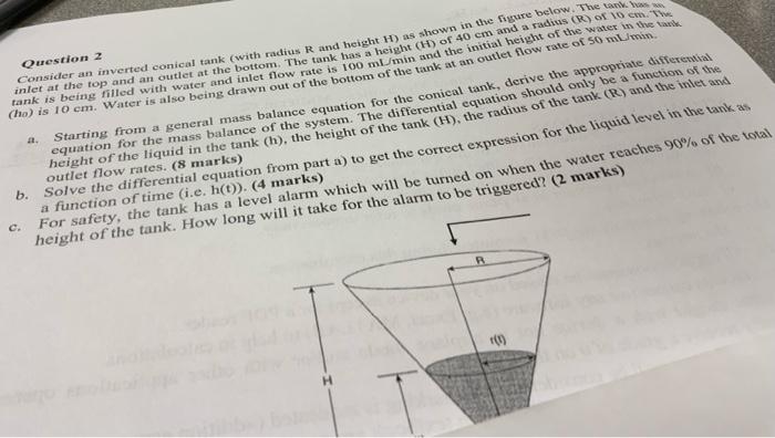  a. Question 2 Consider an inverted conical tank (with radius R