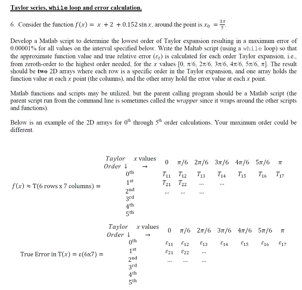 Question in Picture. Need a matlab code. Thank you. Tavlor series, while