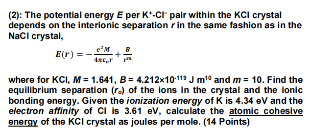 (2): The potential energy E per K-Cl pair within the KCl