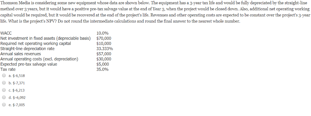  Thomson Media is considering some new equipment whose data are shown