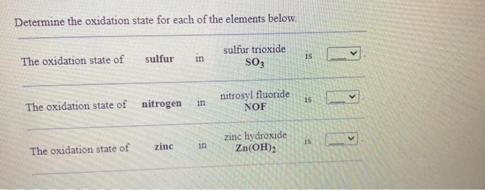  Determine the oxidation state for each of the elements below. The