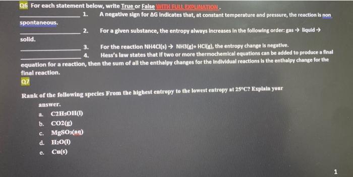  solld. 4. Q6 For each statement below, write True or False