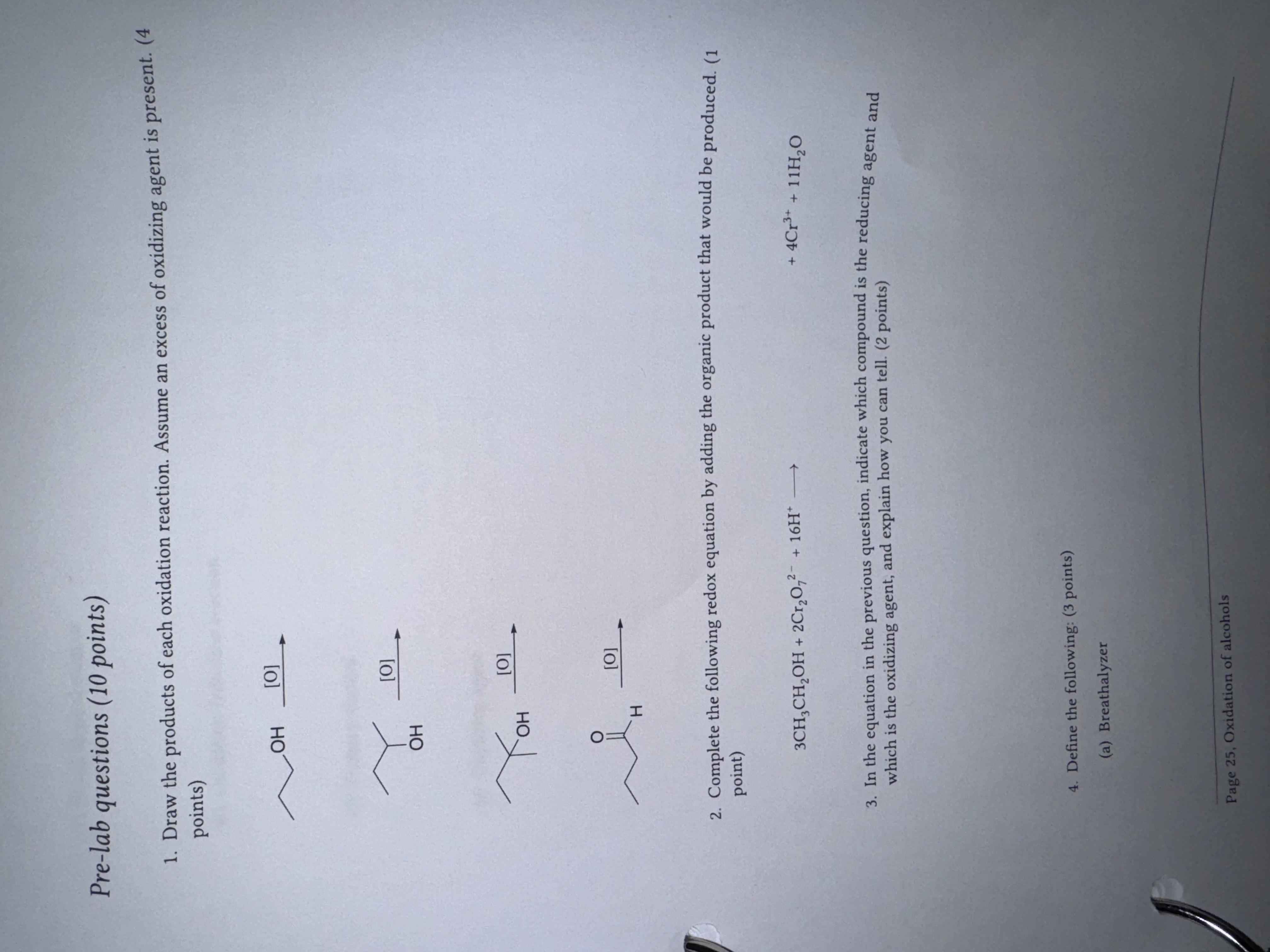  Pre-lab questions (10 points) Draw the products of each oxidation reaction.