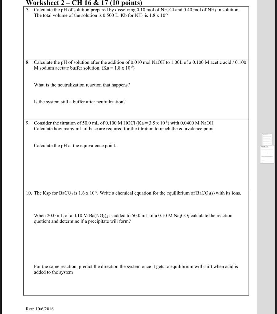 problems. Thanks in advance Worksheet 2 -CH 16 & 17 (10 points)