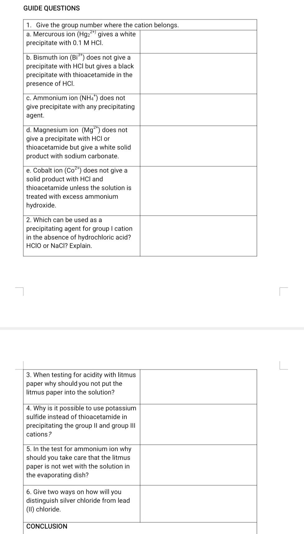 SOLUTION Part I. Classification of Metal Cations. Fill-up the table based on