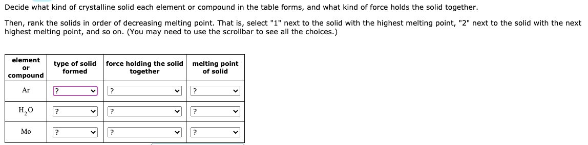  Decide what kind of crystalline solid each element or compound in