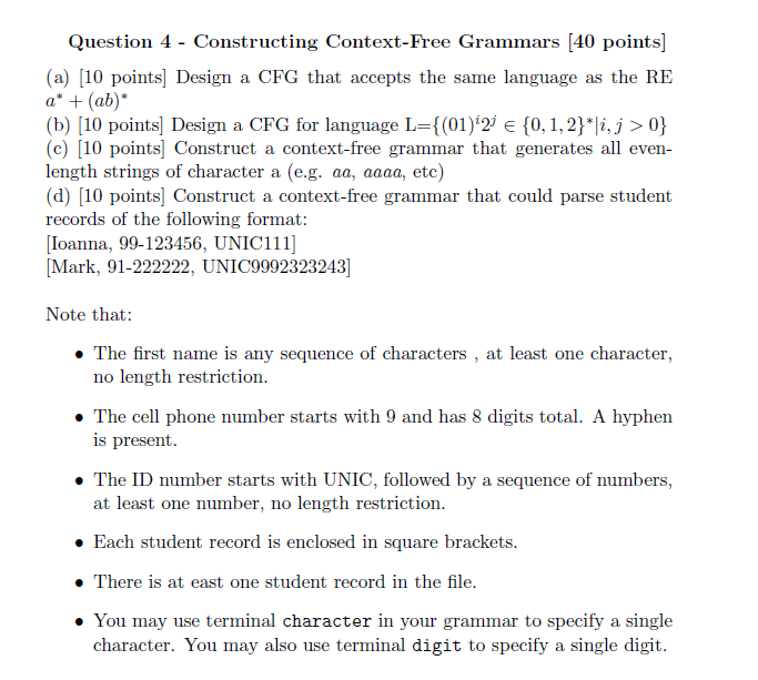  Question 4 - Constructing Context-Free Grammars (40 points] (a) [10 points)