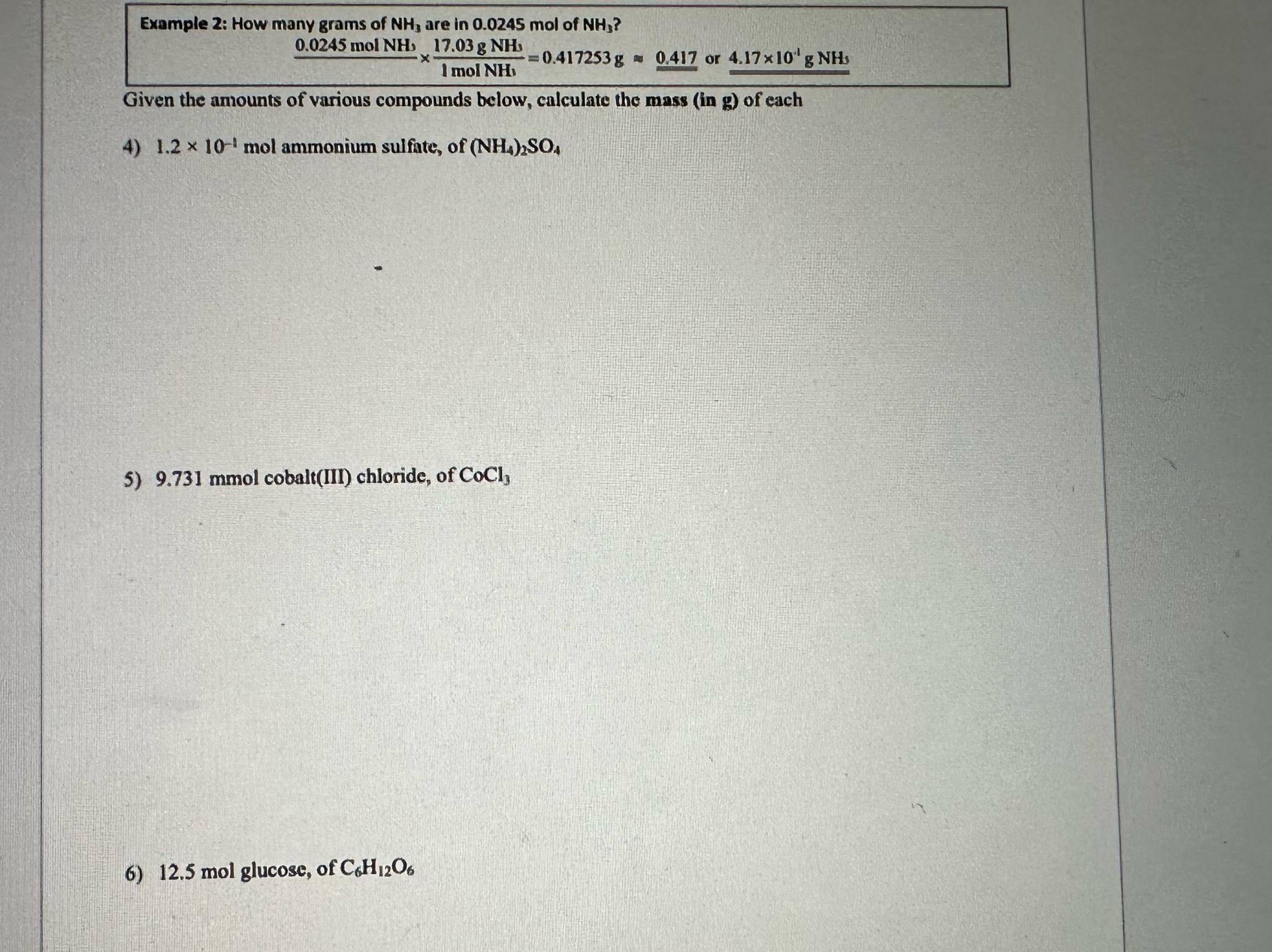  Example 2: How many grams of NH3 are in 0.0245mol of