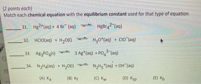  (2 points each) Match each chemical equation with the equilibrium constant