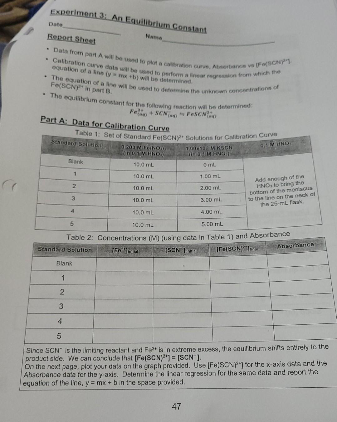  lost on table 2, please help. An equilibrium constant. Table 1: