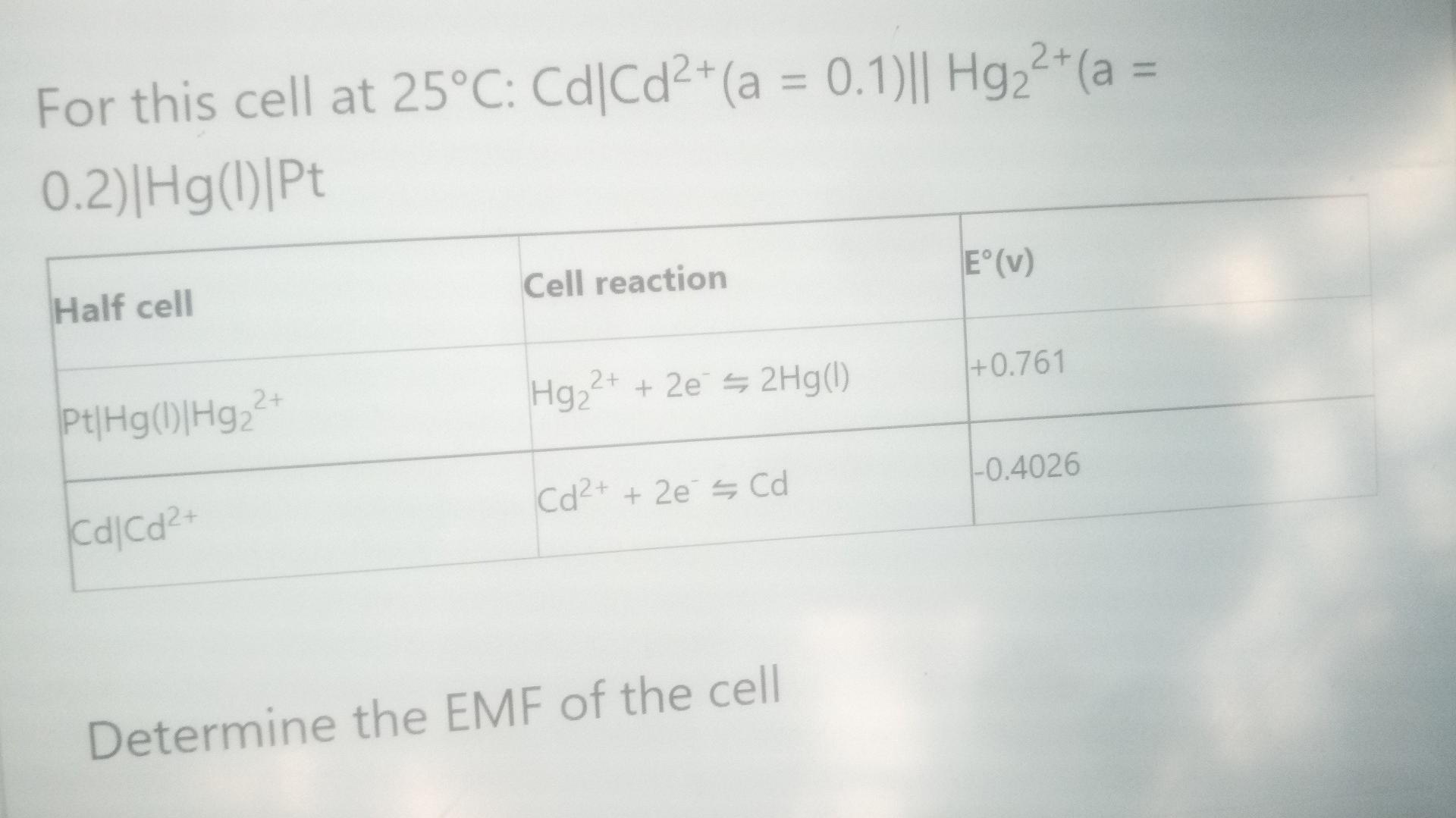  2+ For this cell at 25C: Cd Cd2+ (a = 0.1)||