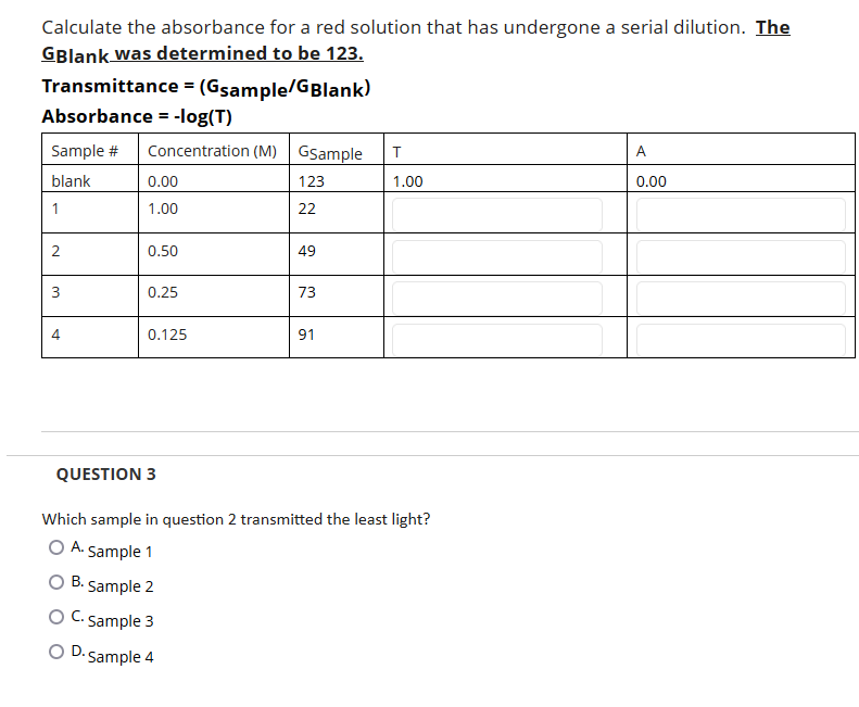  Calculate the absorbance for a red solution that has undergone a