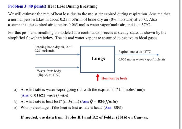 show work please Problem 3 (40 points) Heat Loss During Breathing We