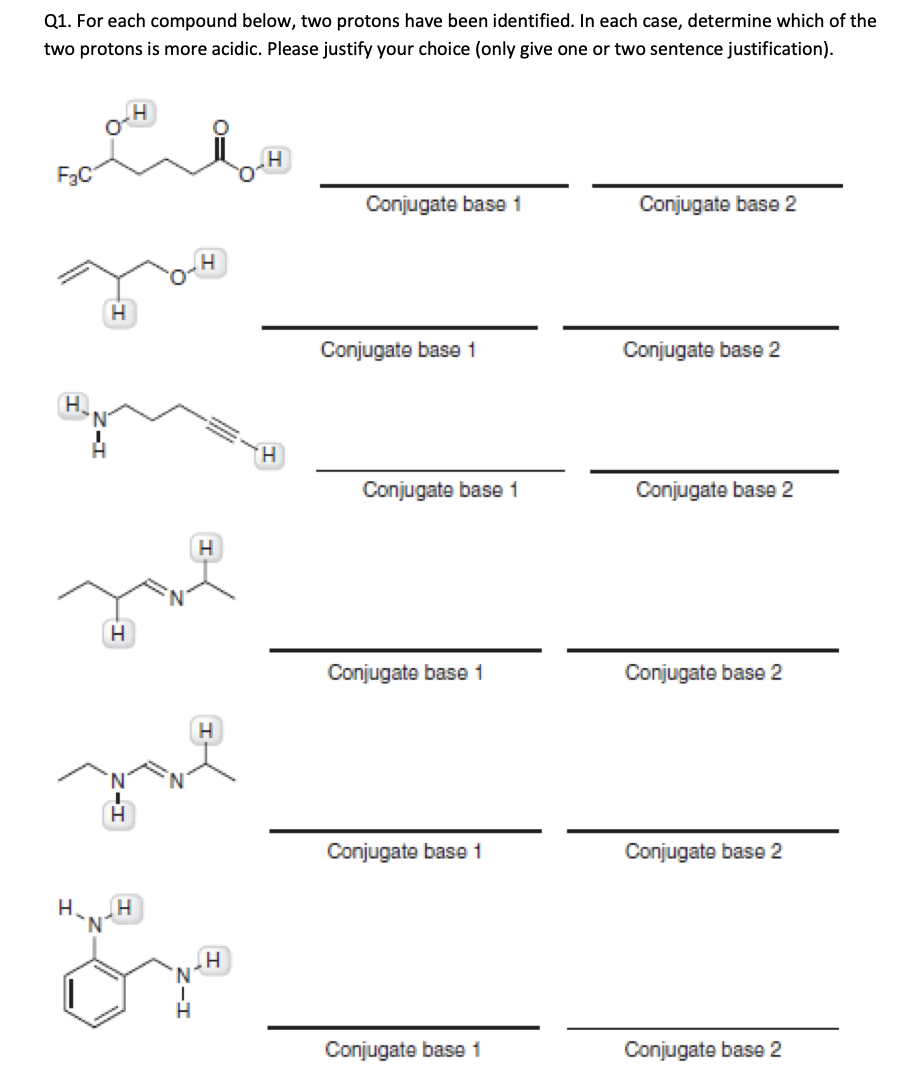 Q1. For each compound below, two protons have been identified. In