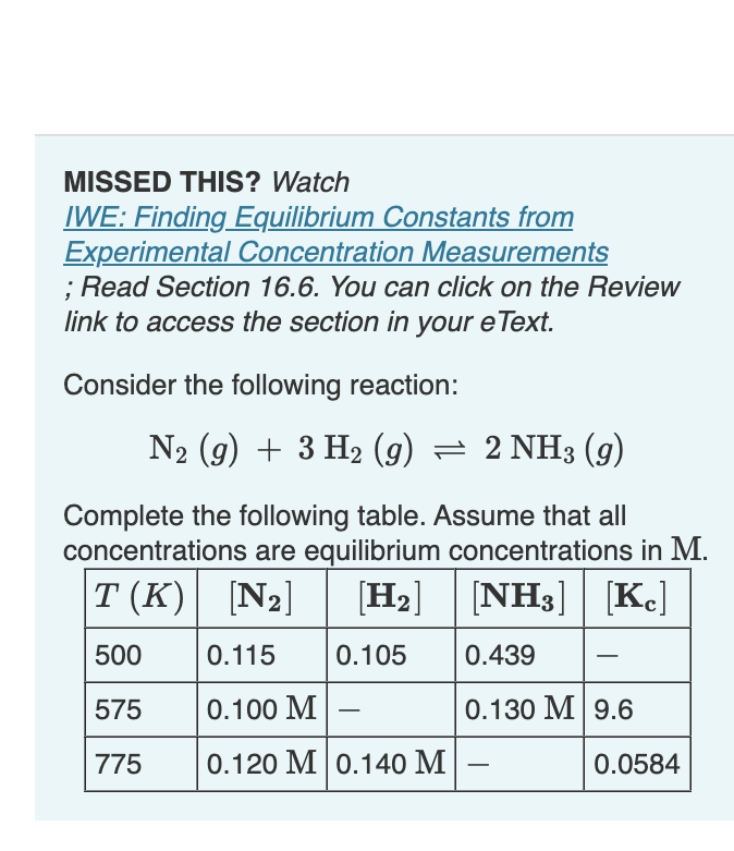 please helpp MISSED THIS? Watch IWE: Finding Equilibrium Constants from Experimental Concentration