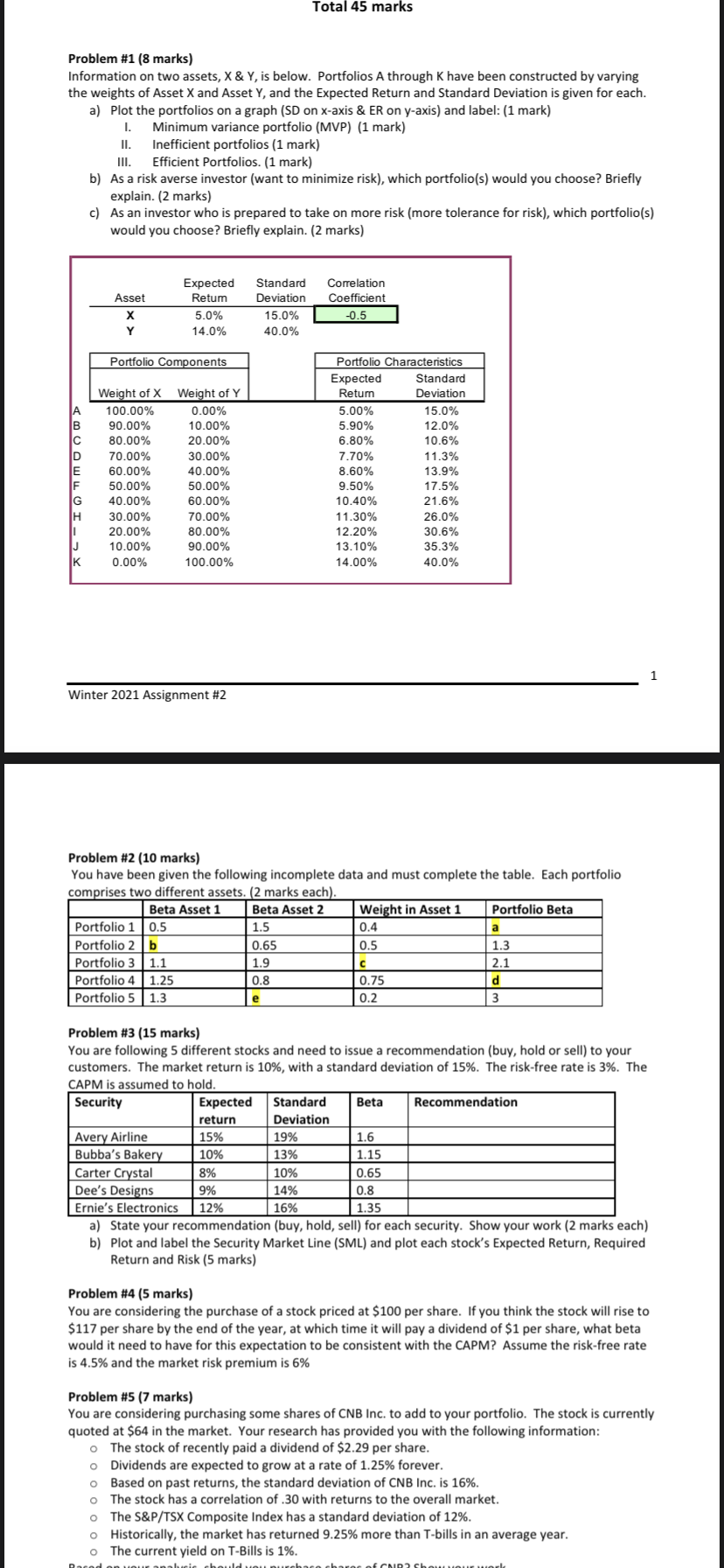  Total 45 marks Problem #1 (8 marks) Information on two assets,