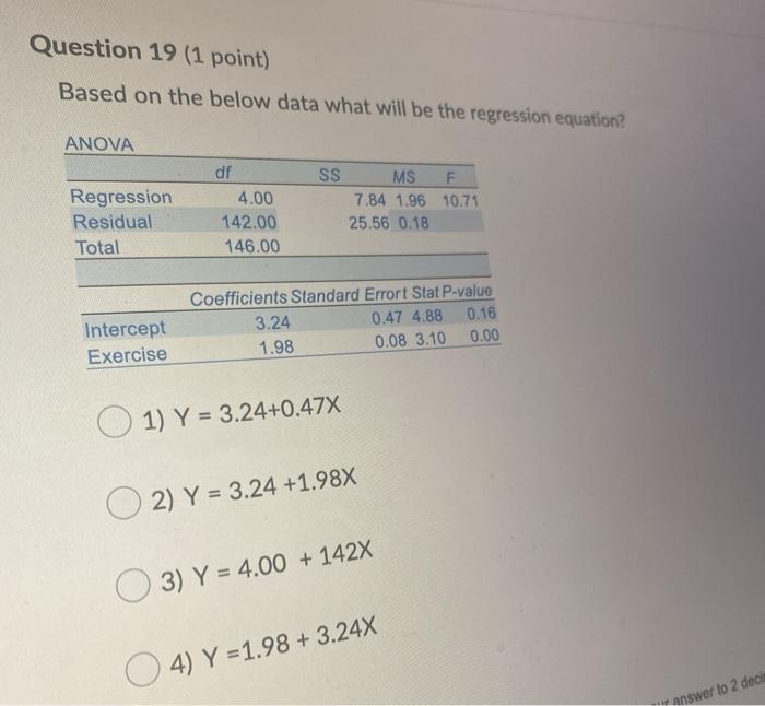  Question 19 (1 point) Based on the below data what will