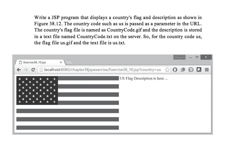 Write a JSP program that displays a country's flag and description