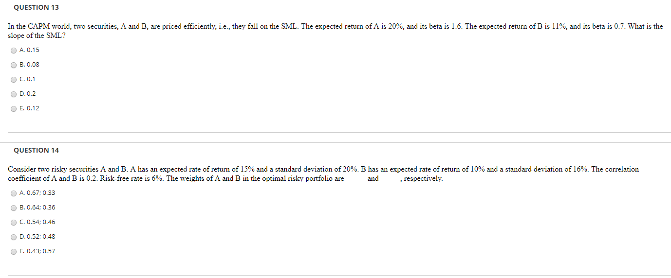 QUESTION 13 In the CAPM world, two securities, A and B,