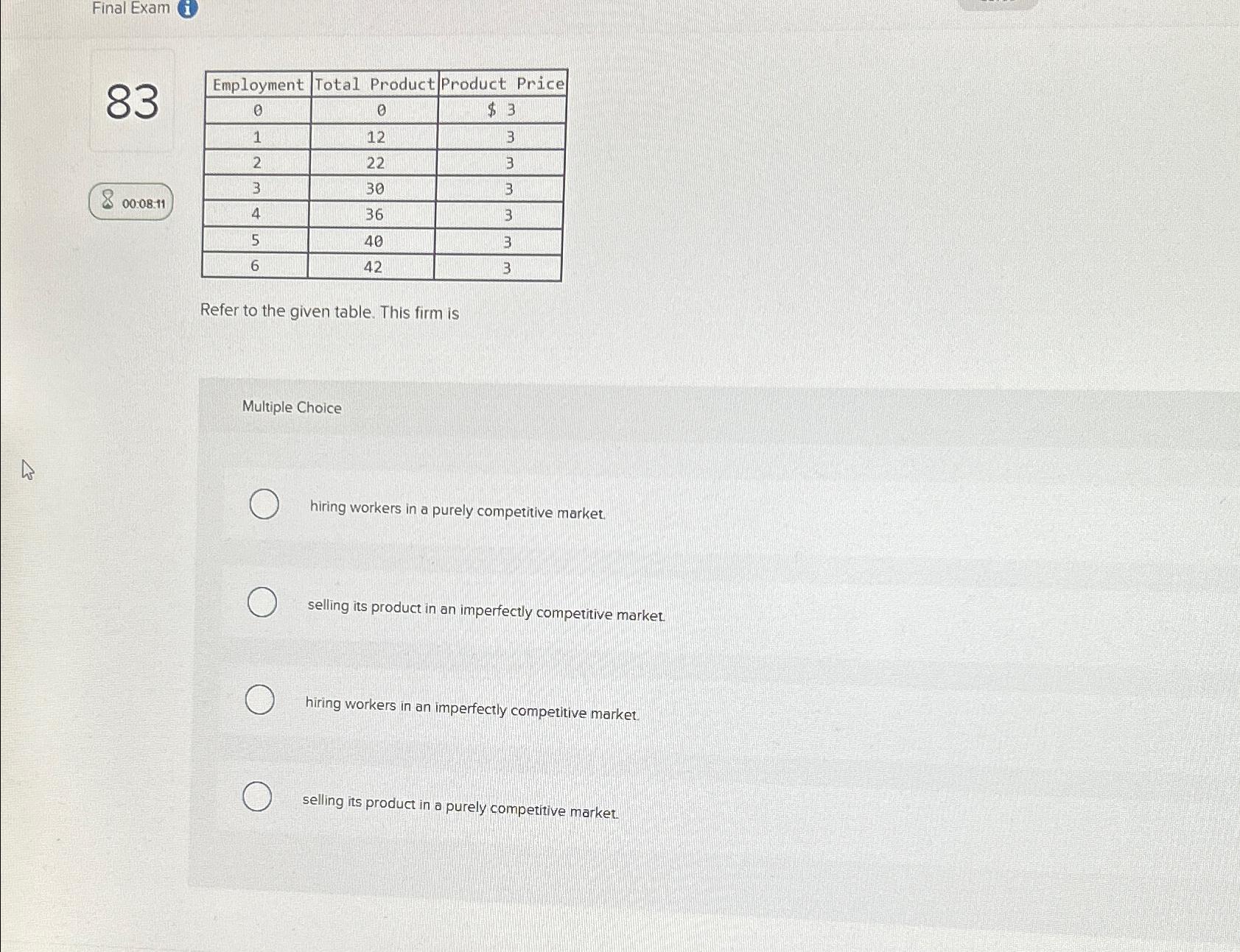  Final Exam (i) 83 \table[[Employment,Total Product,Product Price],[0,0,$3 