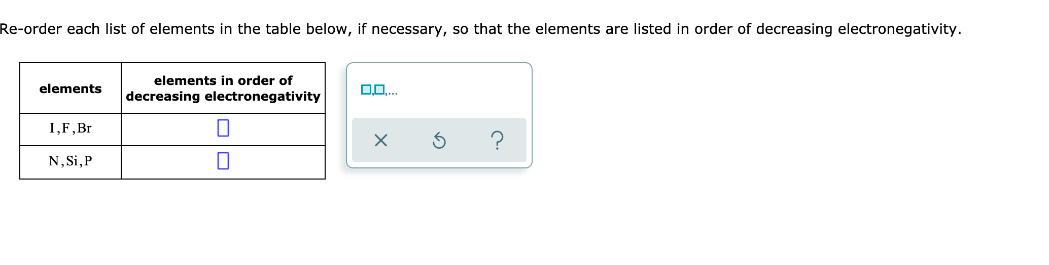  Re-order each list of elements in the table below, if necessary,